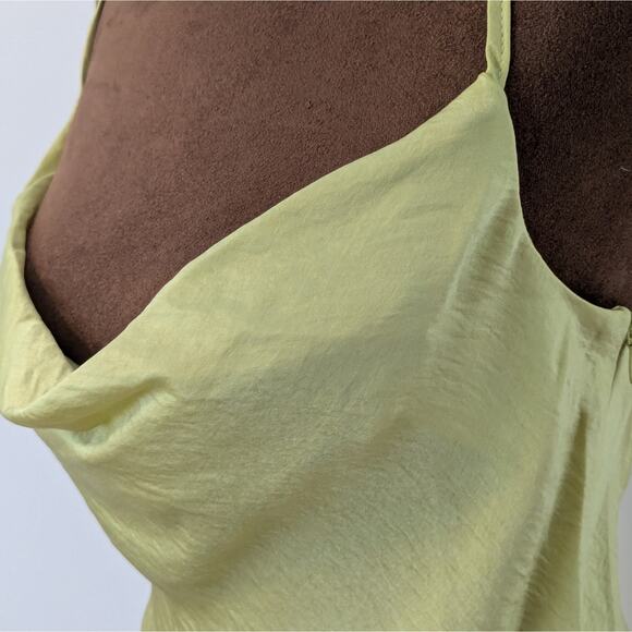 NWT Steve Madden Luxe Satin Asymmetric Hem Drapey Green Yellow Slip Dress, Sz XS - Picture 5 of 7